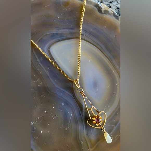 Antique Victorian Edwardian 10K Yellow Gold Lavaliere & Chain Gem Pearl Stamped - Picture 9 of 16